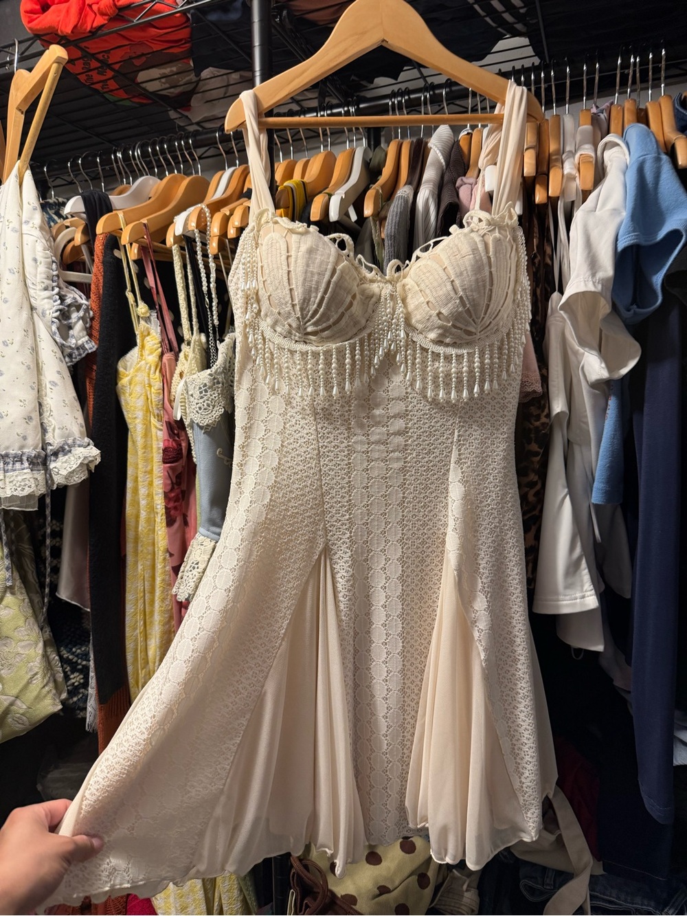Cream Lace Bustier Mini Dress with Beaded Fringe